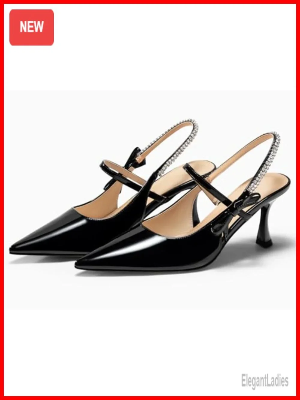Slingback Kitten Heels Mary Jane Shoes Bow Crystal Closed Pointed Toe Pumps